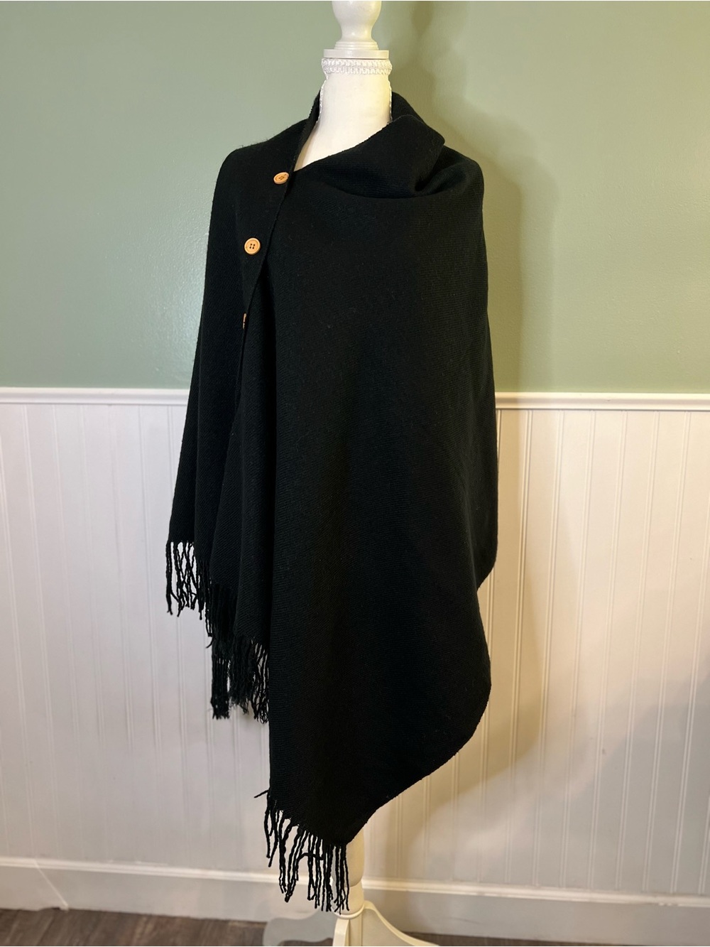 Black Fringe Button-Front Wrap Shawl